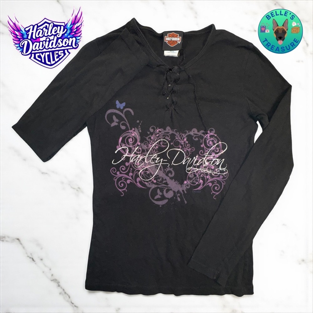 Harley Davidson‎ Women's Small Black Long Sleeve Lace Up Top Butterfly Shirt Y2K